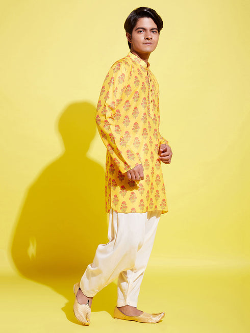 Boy's' Multicolor-Base-Mustard And Cream Kurta Patiala Set